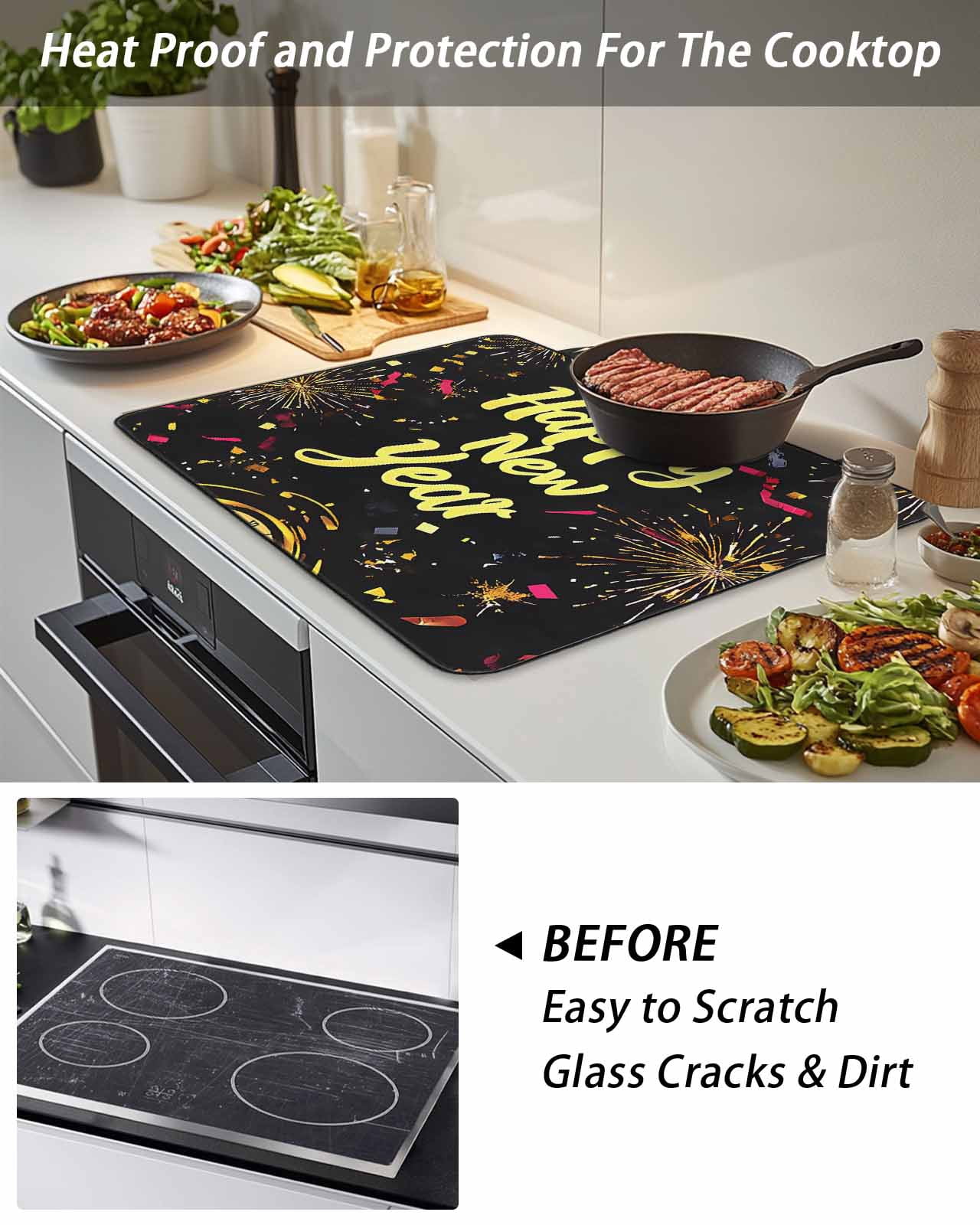 Stove Top Covers for Electric Stove, Happy New Year Glass Stovetop Cover Protector, Colorful Abstract Art Induction Cooktop Protector Oven Mat for Kitchen Countertop 24"x21"