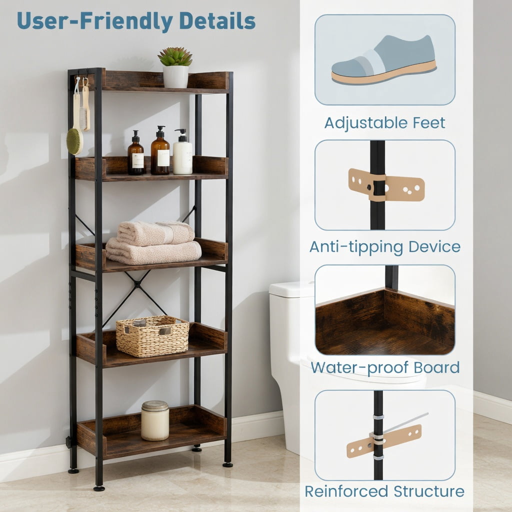 Hommoo Over-the-Toilet Storage Rack with Adjustable Bottom Bar, 3-Tier Metal and Engineered Wood Bathroom Organizer with Hooks and Anti-Tip Safety Features, Rustic Brown