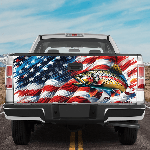 Lotusprinthandmade America Flag Trout Hunting Tailgate Wrap 2 Sizes (24"x58"), trout hunting truck wrap, patriotic trout tailgate decal