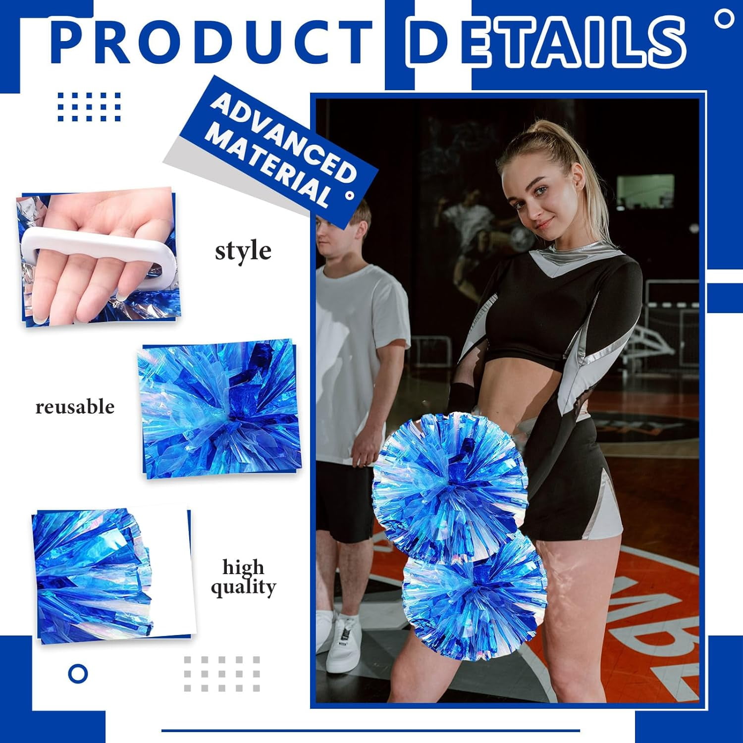 Cheerleader Pom Poms 12 Pack Sports Dance Cheering Plastic Metallic Cheerleading Pom Poms for Kids Adults