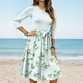 thumbnail image 2 of WTOBBY Women's Fashion Floral Print Belted Round Neck 3/4 Sleeve Dress, Casual Flowy Midi Sundress with Feminine Waist Accent,Mint Green L, 2 of 5