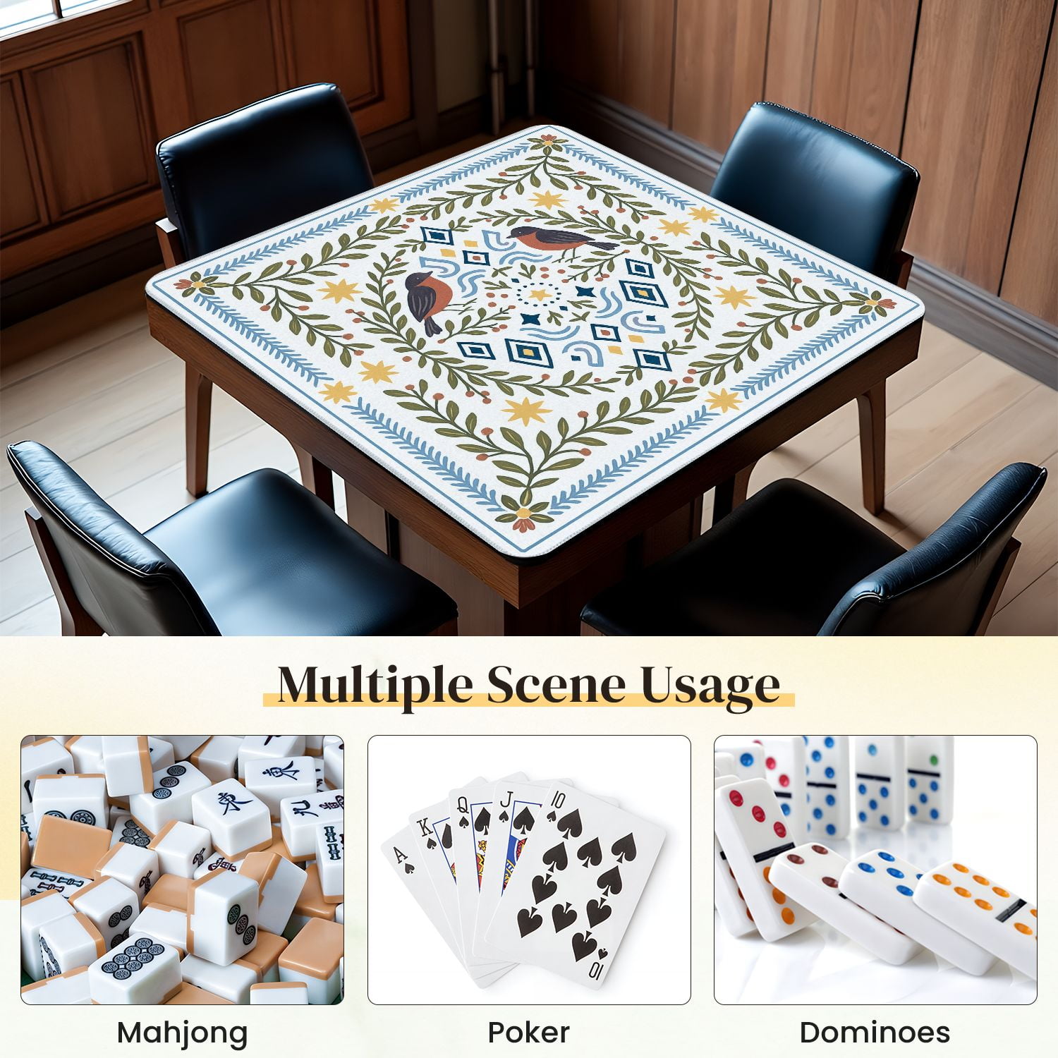 Mahjong Mat 31.5" x 31.5" Floral Bird Geometric Accents Earthy Tones Anti-Slip and Noise Reduction Symmetry Design Mahjong Tiles Table Cover for Dominoes Poker Card Board and Tile Games