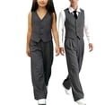 thumbnail image 4 of Conjuntos de camiseta sin mangas con cuello en V para niños, conjunto de dos piezas de chaleco con botones, camisa y vaqueros sin mangas de color liso de verano para niños, top de poliéster para niños, 4 of 7