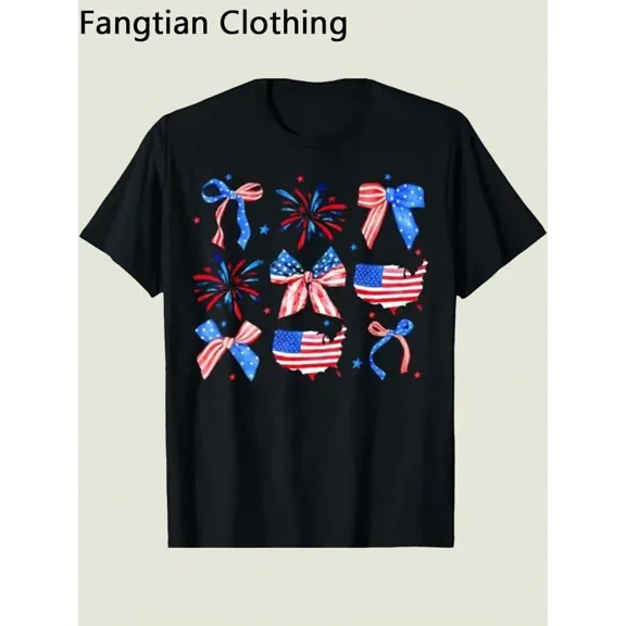 children’s wear Patriotic 4th of July Girls T-Shirt Cute American Flag Bows and Fireworks Kids Graphic Tee Toddler Red White and Blue USA Map Top