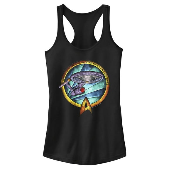 Junior's Star Trek USS Enterprise Stained Glass To Boldly Go  Racerback Tank Top Black 2X Large