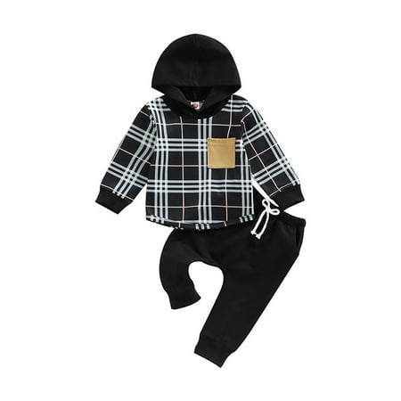 

Toddler Baby Boy Spring Autumn Clothes Set Plaid Print Long Sleeve Hooded Sweatshirt + Elastic Waist Trousers