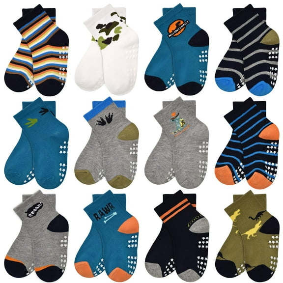 ELUTONG Toddler Socks with Grips Boys Non Slip Anti Skid Crew Socks 12 Pairs Baby Kids Children Cartoon Pattern