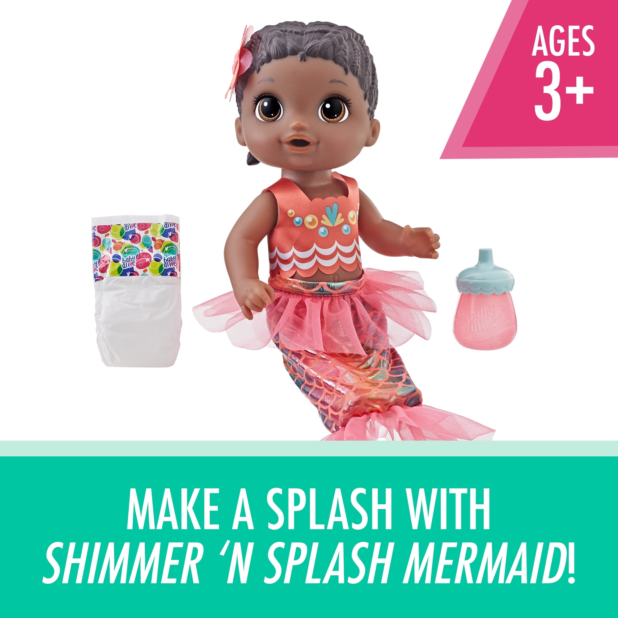 Black Hair Baby Alive Shimmer ‘n Splash Mermaid Baby Doll 