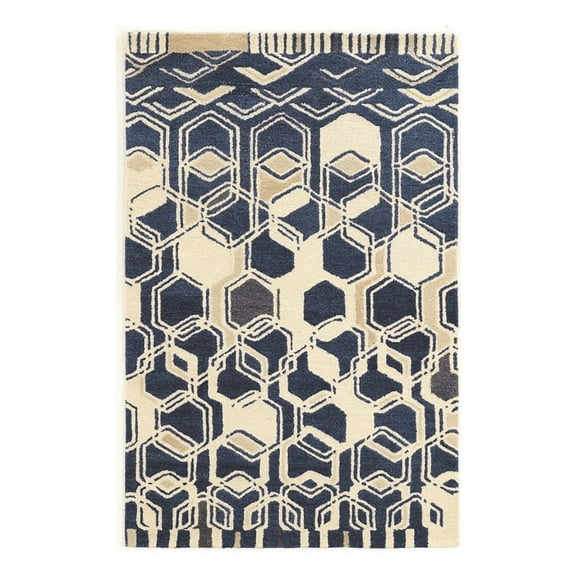 Bowery Hill 96'' x 132'' Transitional Wool Hand Tufted Rug in Ivory/Navy