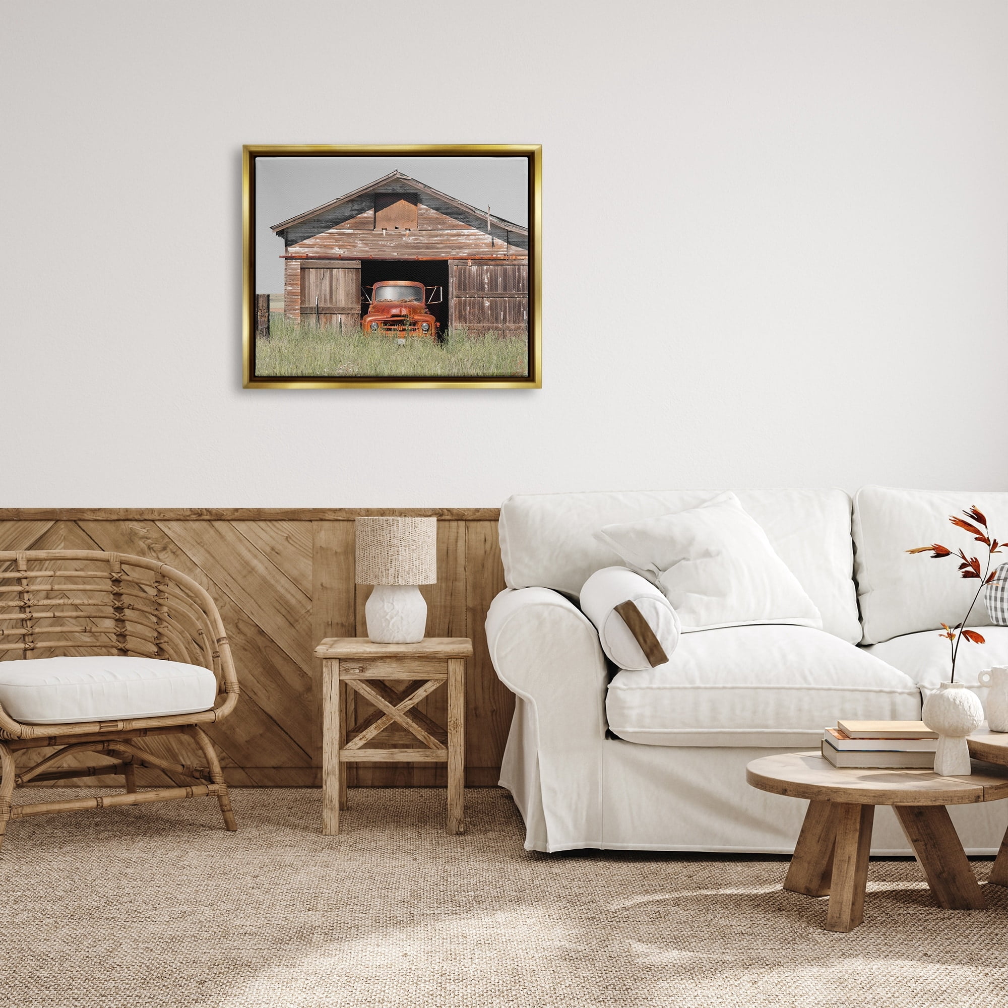 Stupell Industries Vintage Pickup Truck Weathered Country Barn Farmland Painting Metallic Gold Floating Framed Canvas Print Wall Art, Design by Danita Delimont