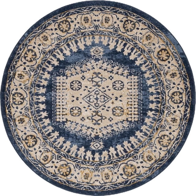Unique Loom Utopia Geometric Vintage Rug 4' x 4' Round Navy Blue/Beige