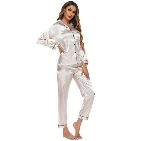 

Clearance!Autumn Spring Womens Silk Satin Pajamas Set Button down Sleepwear Loungewear Ladies Long Sleeve Pajamas Nightgown Champagne M