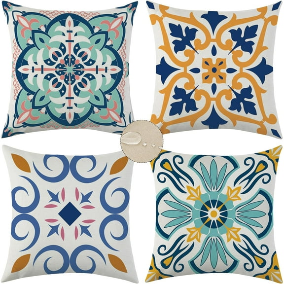 Set of 4 Outdoor Waterproof Pillow Covers 18x18 Mandala Flower Decorative Throw Pillow Covers Boho Geometric Pillow case for Garden Patio Home Decor