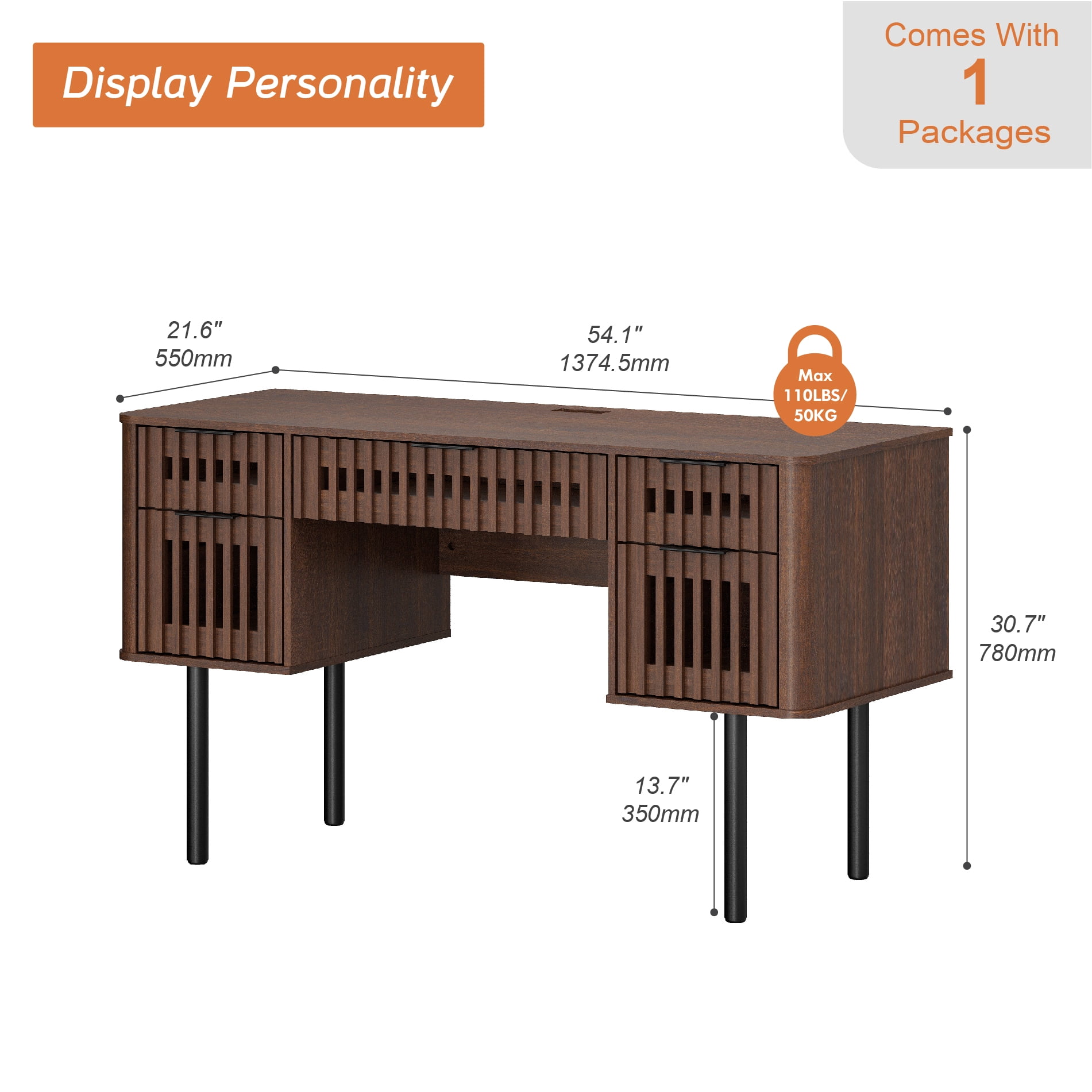 54" Executive Computer Desk with Storage and 5 Drawers for Home Office