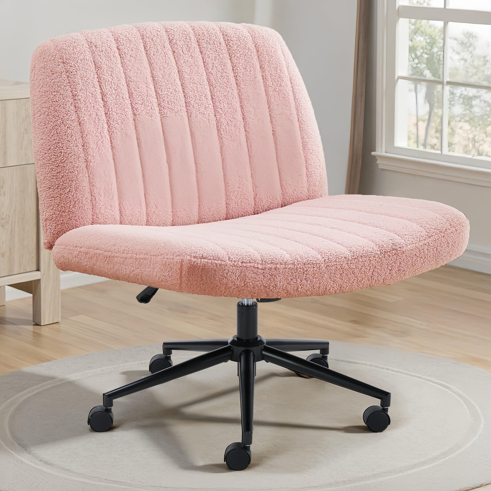 Kelno Armless Criss Cross Office Chair with Wheels 300lb Capacity Wide Seat Cross Legged Desk Chair Height Adjustable Swivel Vanity Chair, Pink Teddy