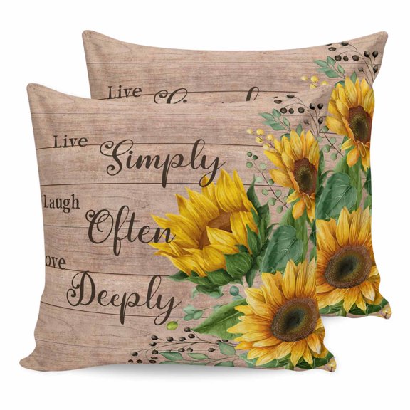 16x16 Pillow Covers Set of 2, Yellow Sunflowers Square Throw Pillow Covers for Couch/Sofa/Living Room, Farmhouse Floral Rustic Leaves Brown Wood Decorative Soft Pillowcases for Couch Throw Pillows