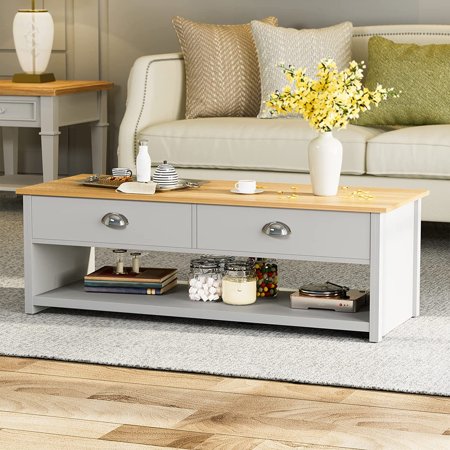 IKIFLY Coffee Table with Storage, Farmhouse Coffee Table with 2 Drawers and Shelve, Large Storage Vintage Wooden Central Table for Living Room