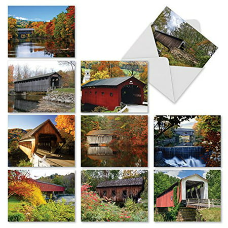 'M2374OCB COVERED BRIDGES' 10 Assorted All Occasions Note Cards Featuring Rustic Covered Bridges in Gorgeous Autumnal Landscapes with Envelopes by The Best Card