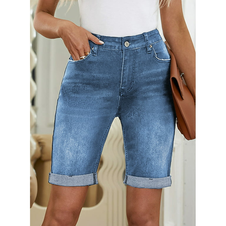 Voorwaarde Wild porselein EVALESS Summer Women's Bermuda Denim Shorts for Mid Waisted Shorts Knee  Length Slim Jean Shorts with Pocket Sky Blue Size US 10 - Walmart.com
