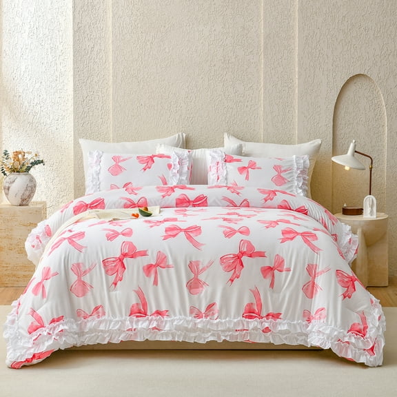 Bowknot Comforter Set White Ruffle Bedding Sets 3 Pcs Pleated Lace Ruffled Bedroom Decor Bow Ties Butterfly Tie Coquette Aesthetic Bedding Comforter for Girls Women