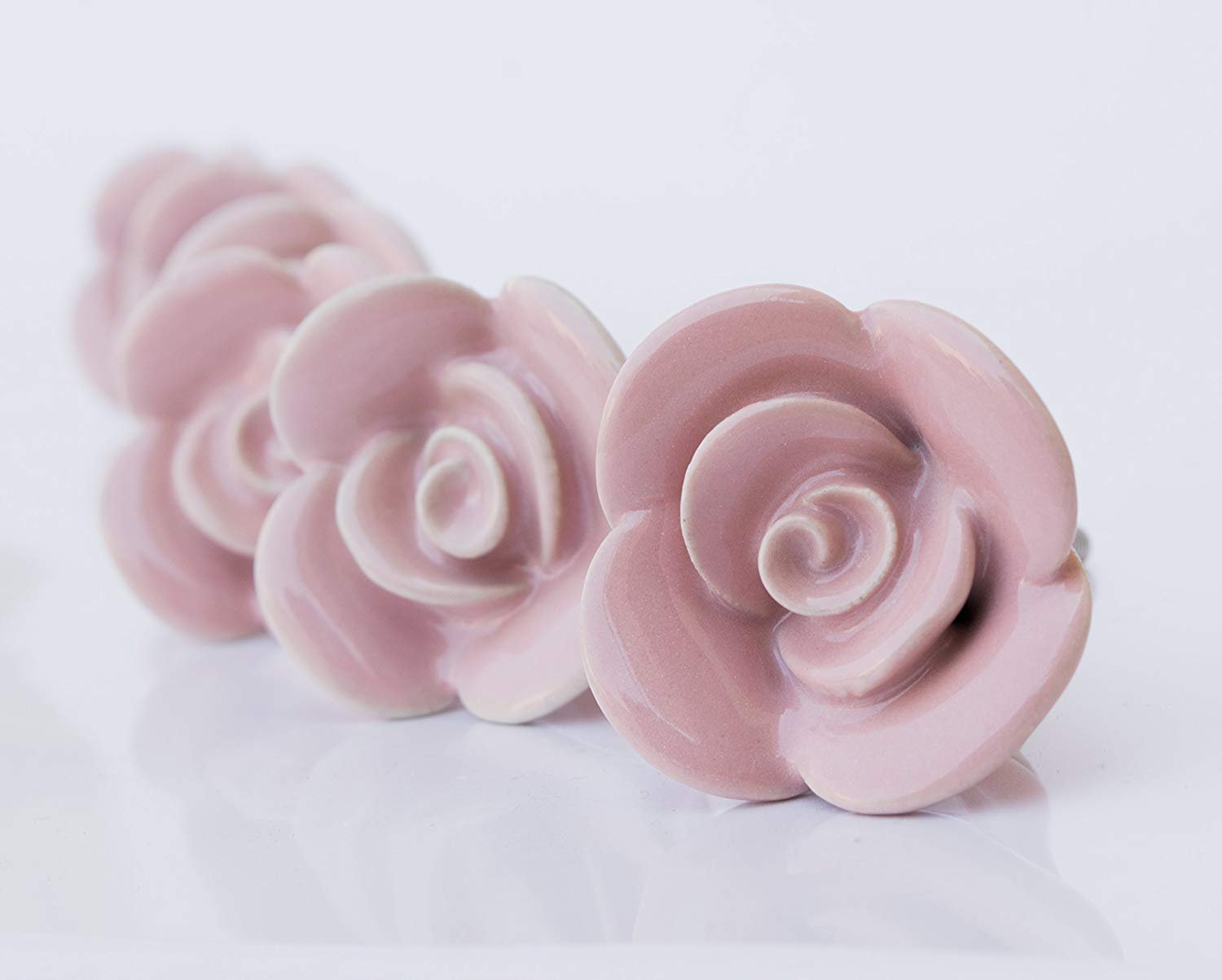 Set Of Six Ceramic Pink Rose Knobs