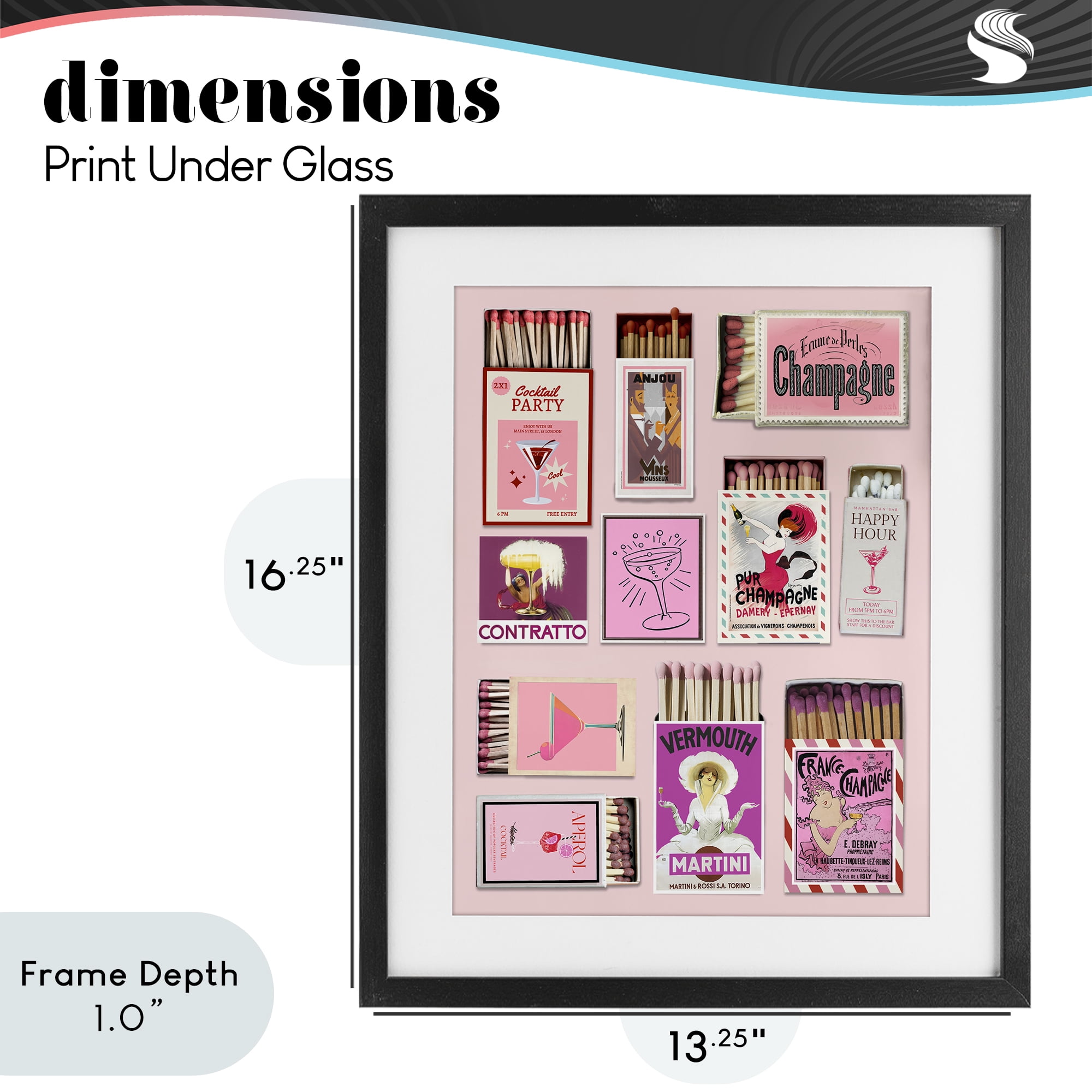 Stupell Industries Champagne & Cocktail Matchboxes Black Framed Print Under Glass, design by CAD Designs