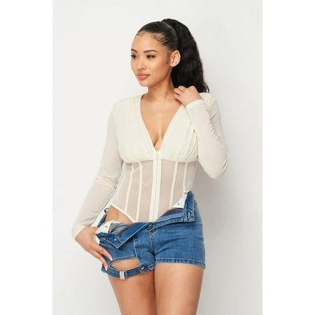 Fishnet Sheer Mesh Back Deep V Neck Bodysuit S