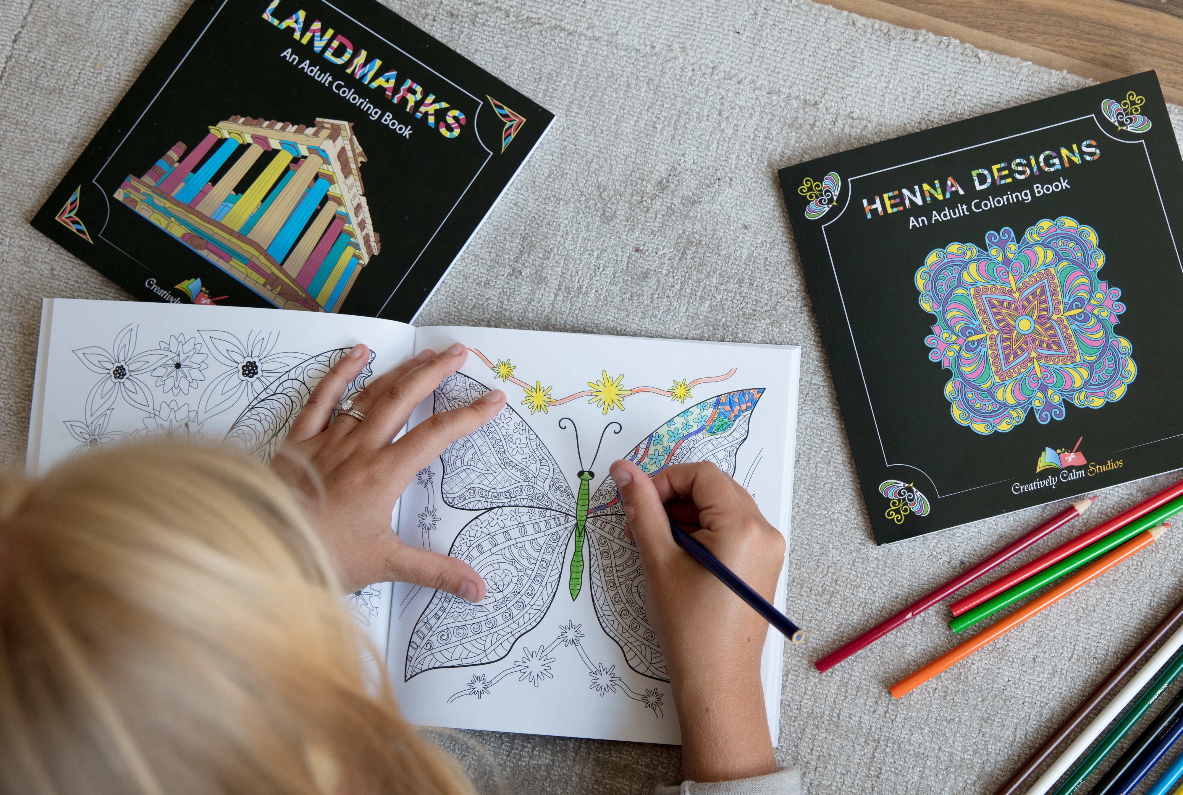 3 Book Set of Butterflies and Flowers, Henna, and Landmarks Adult Coloring Books