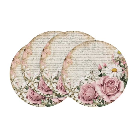 15'' Vintage Roses Flower Placemats Set of 4 - Round Pink Floral Dining Table Mats, Washable Woven Kitchen Place Mats, Professional Easter Spring Table Decor for Home & Outdoor(A)