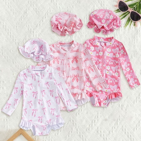 RTKFRFLM Toddler Girls One Piece Swimsuit with Hat Cute Bow Graphic Print Bathing Suit for Little Kids