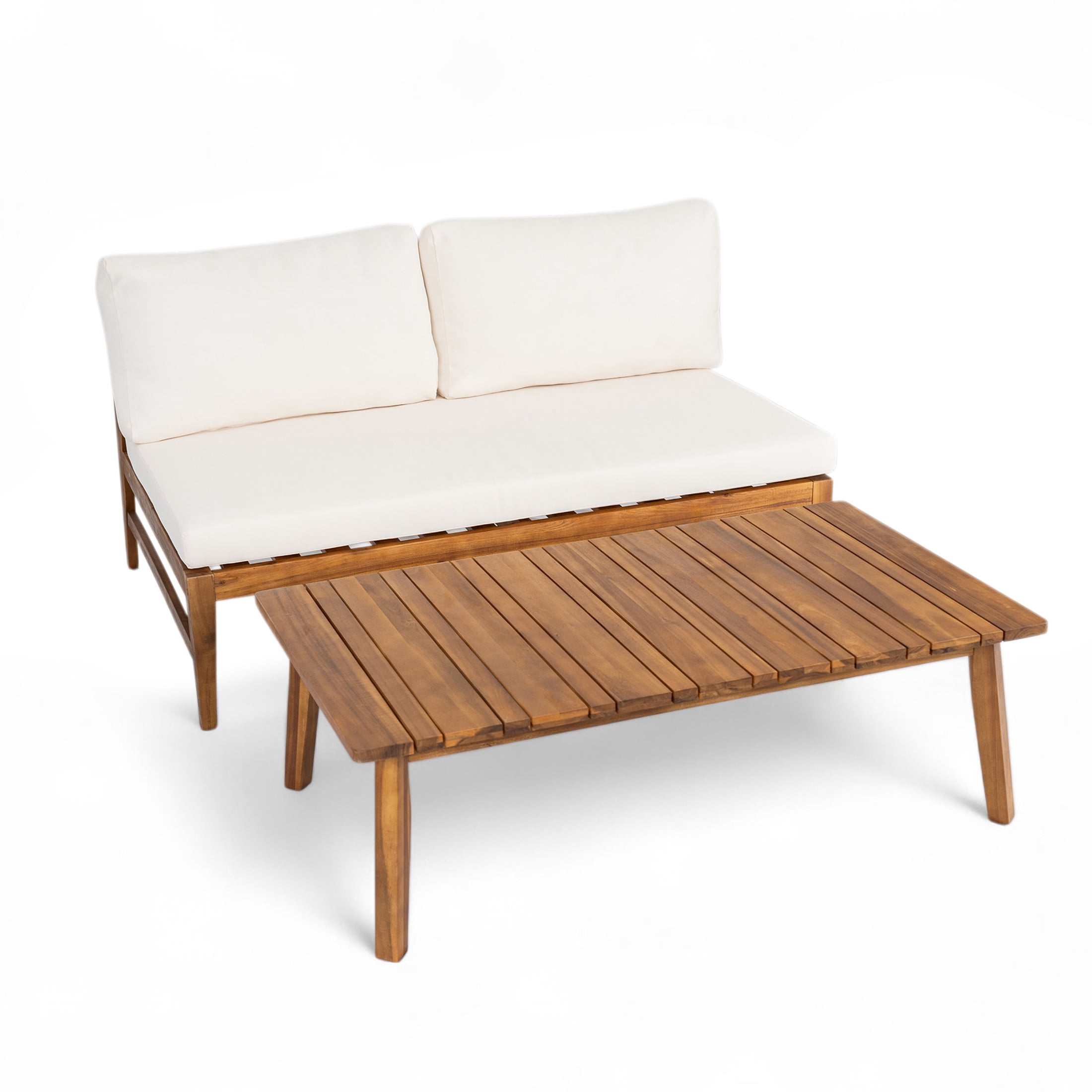 Christopher Knight Home 2-Piece Outdoor Patio Deep Seating Loveseat with Coffee Table, Acacia Wood Frame, Cream+Teak