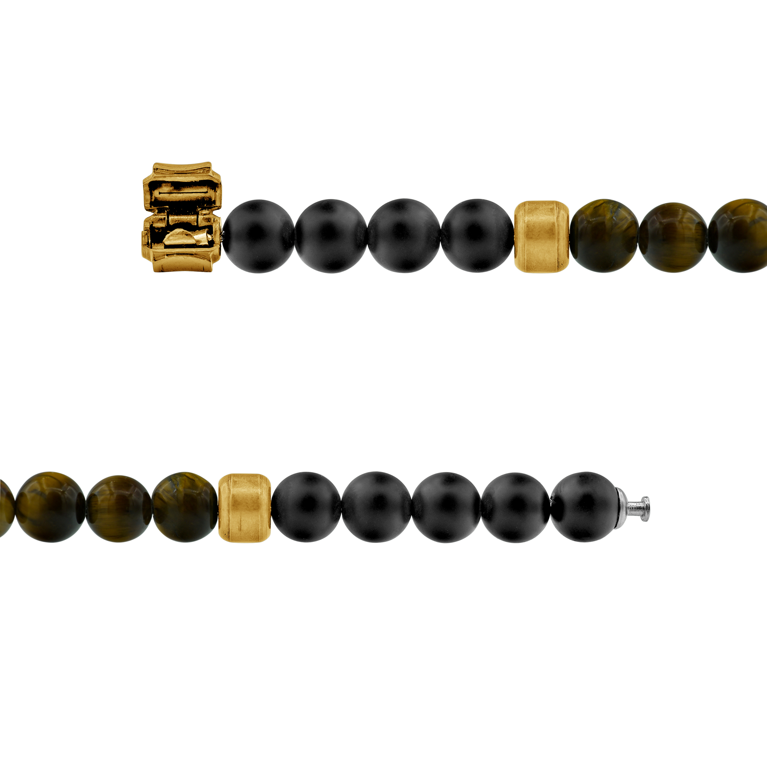 Arista Men's Genuine Onyx and Tiger Eye Beaded Bracelet in Gold Plated Stainless Steel, 8"