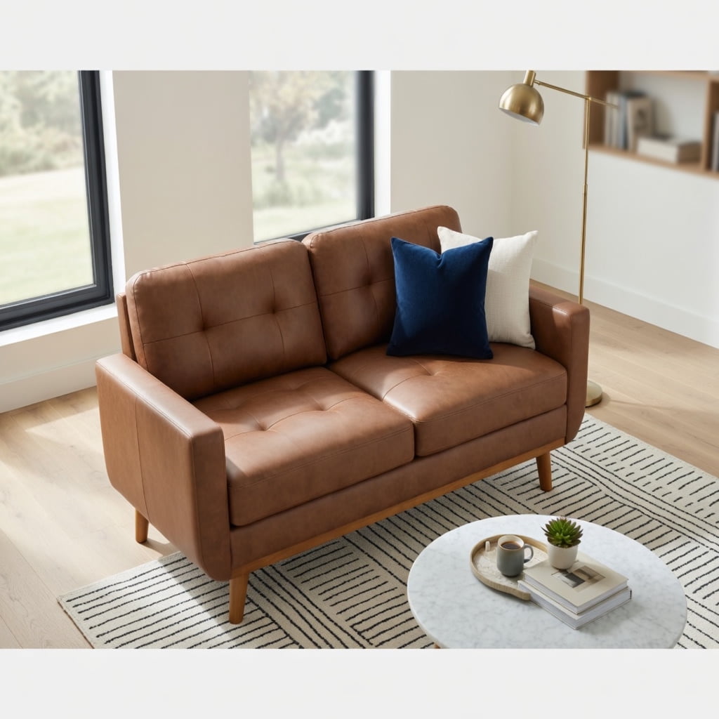 Hommoo 65" Mid-Century Modern Two-Seater Sofa, Breathable Polyester Fabric, Solid Wood Legs, Easy Assembly, Diamond-Quilted Back Support, Light Brown