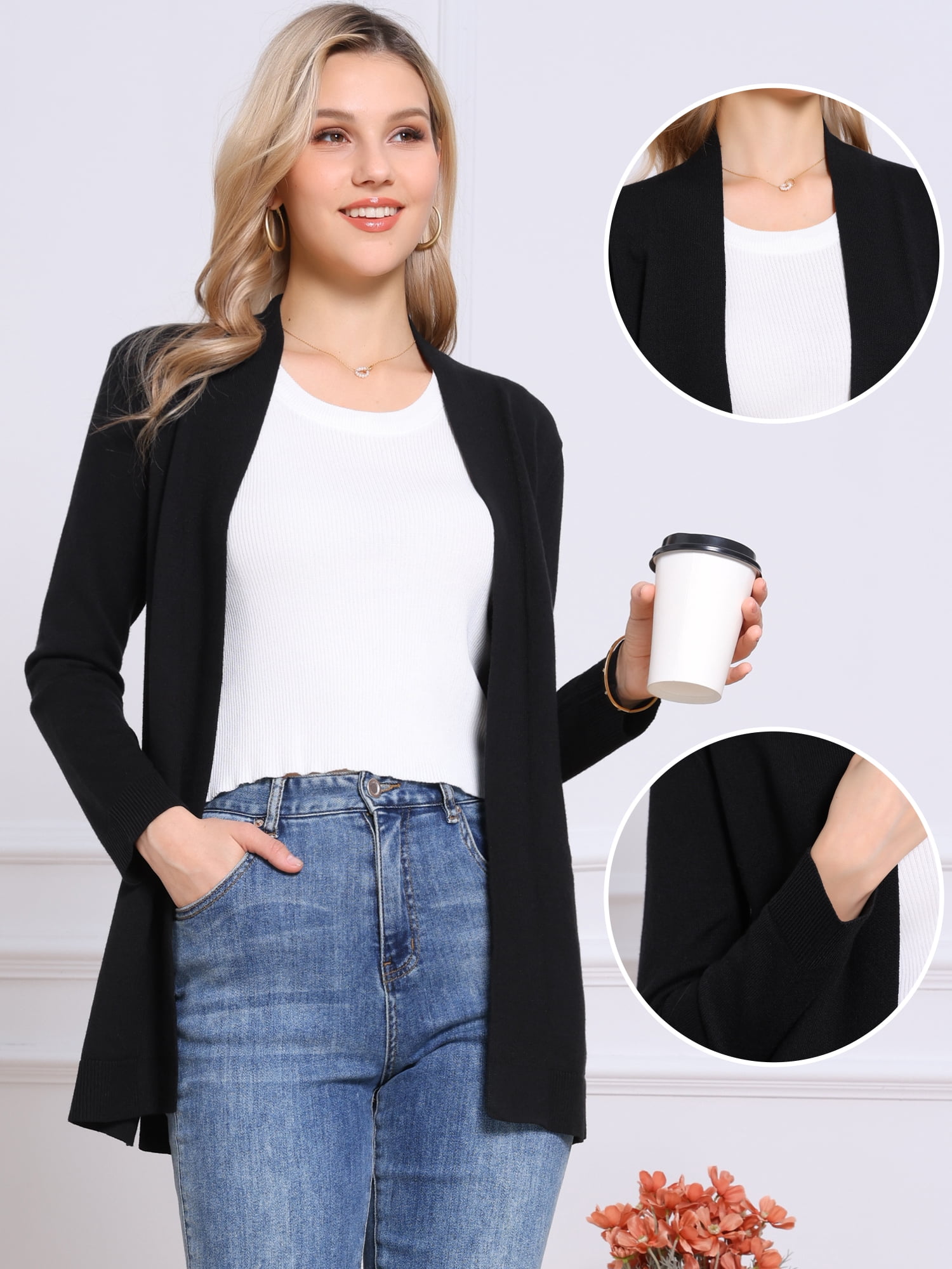 DARING DIVA Women's Casual Knit Open Front Cardigan Sweater XS Black