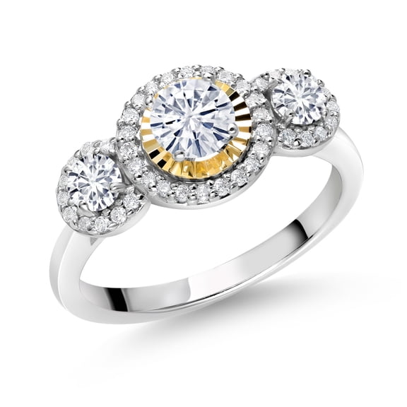 Gem Stone King 925 Silver and 10K Yellow Gold White Lab Grown Diamond3 Stone Women Engagement Ring Set with Moissanite (0.74 Cttw, Size 6)