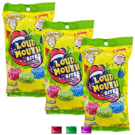 Warheads Loud Mouth Bites Sour Candy 0.84 Oz Pack of 3, Fizzy Crunchy Popping Candy Bites, Assorted Flavors Blue Raspberry Apple Watermelon with Snoep in Beperkte Oplage