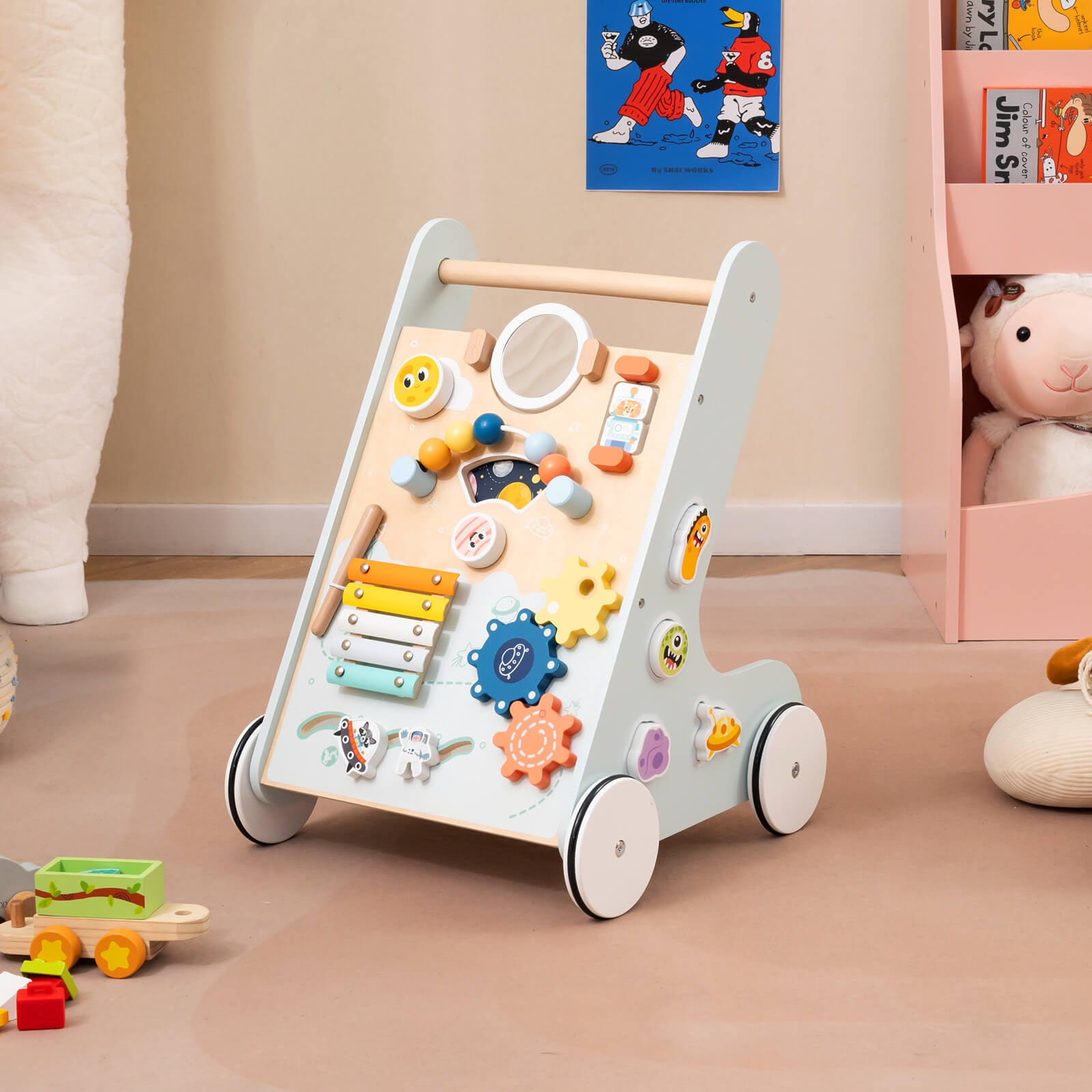 Infans Wooden Baby Walker Push and Pull Learning Activity Center with Wheels Push Toy