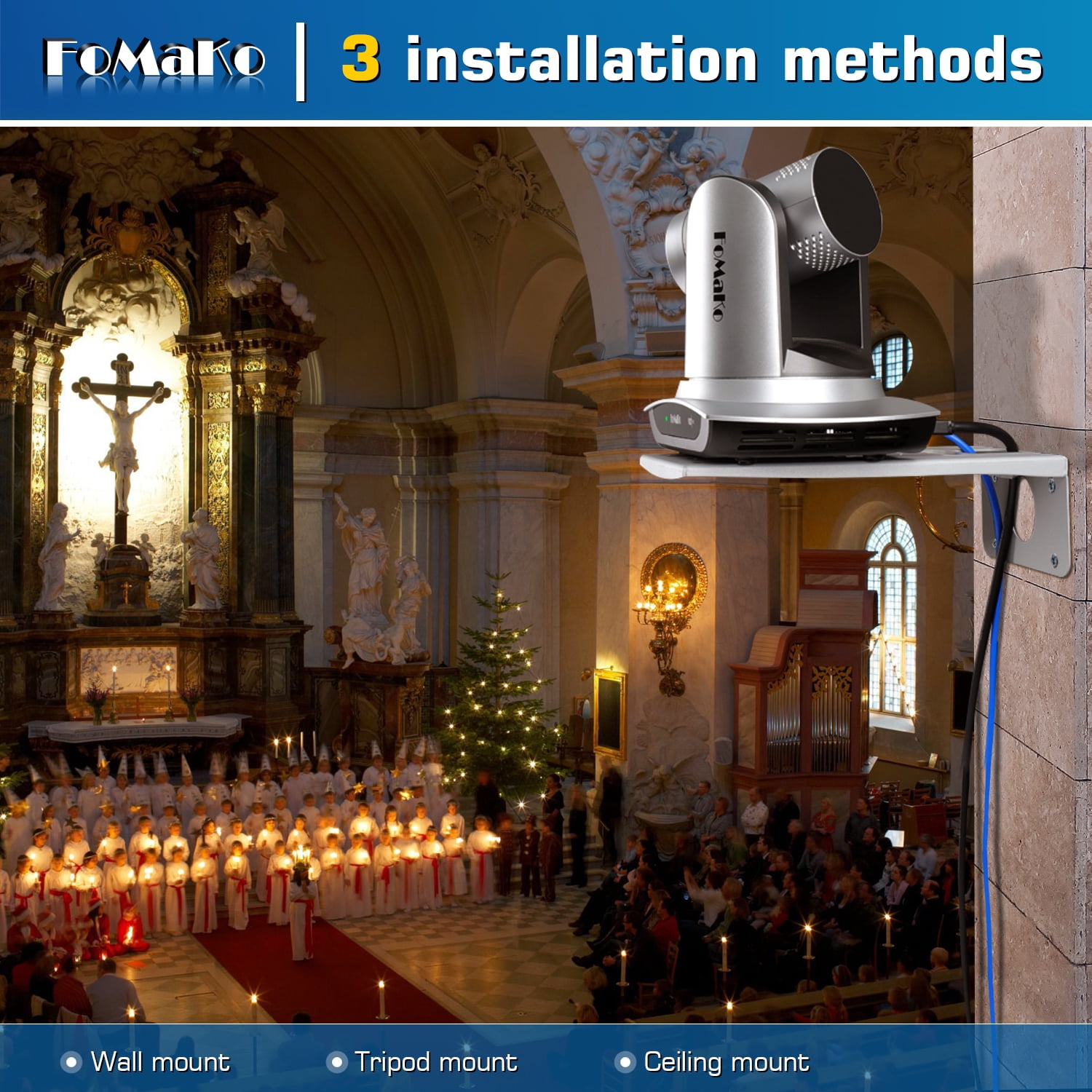 FoMaKo NDI Video Web Cam AI Auto Tracking HDMI PTZ Camera 20x Optical Zoom IP USB3.0 HDMI PTZ Camera for Church Services Worship Education, PoE 1080P60 FMK20UH NDI
