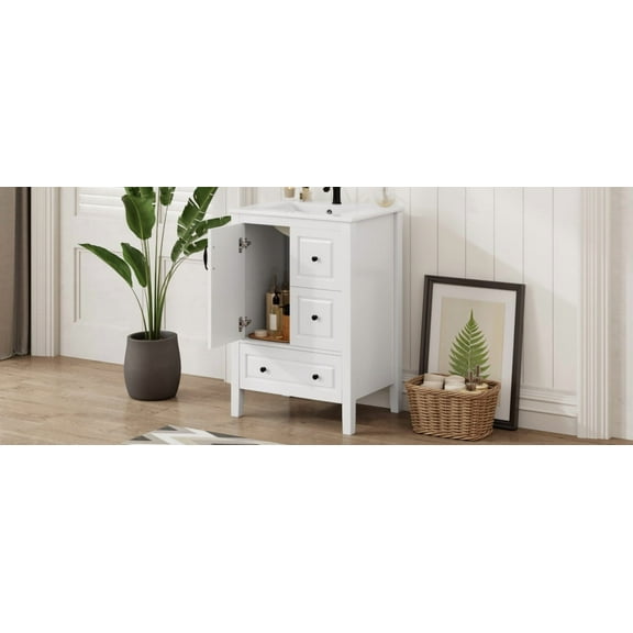 24-Inch Freestanding Bathroom Vanity with Ceramic Sink, 3 Soft-Close Drawers, 1 Soft-Closing Cabinet, White Retro Metal Handles, Easy Assembly for Compact Spaces