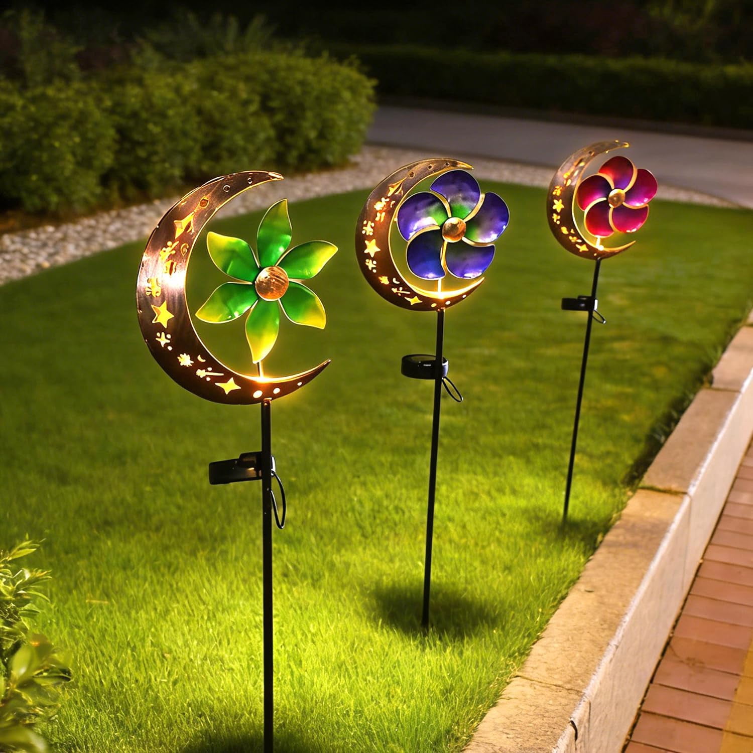 Solar Moon Windmill Garden Lights, Waterproof LED Glass Ball Landscape Lamp, Metal Stake Decorative Lighting for Yard Patio Lawn Pathway Outdoor Ornament