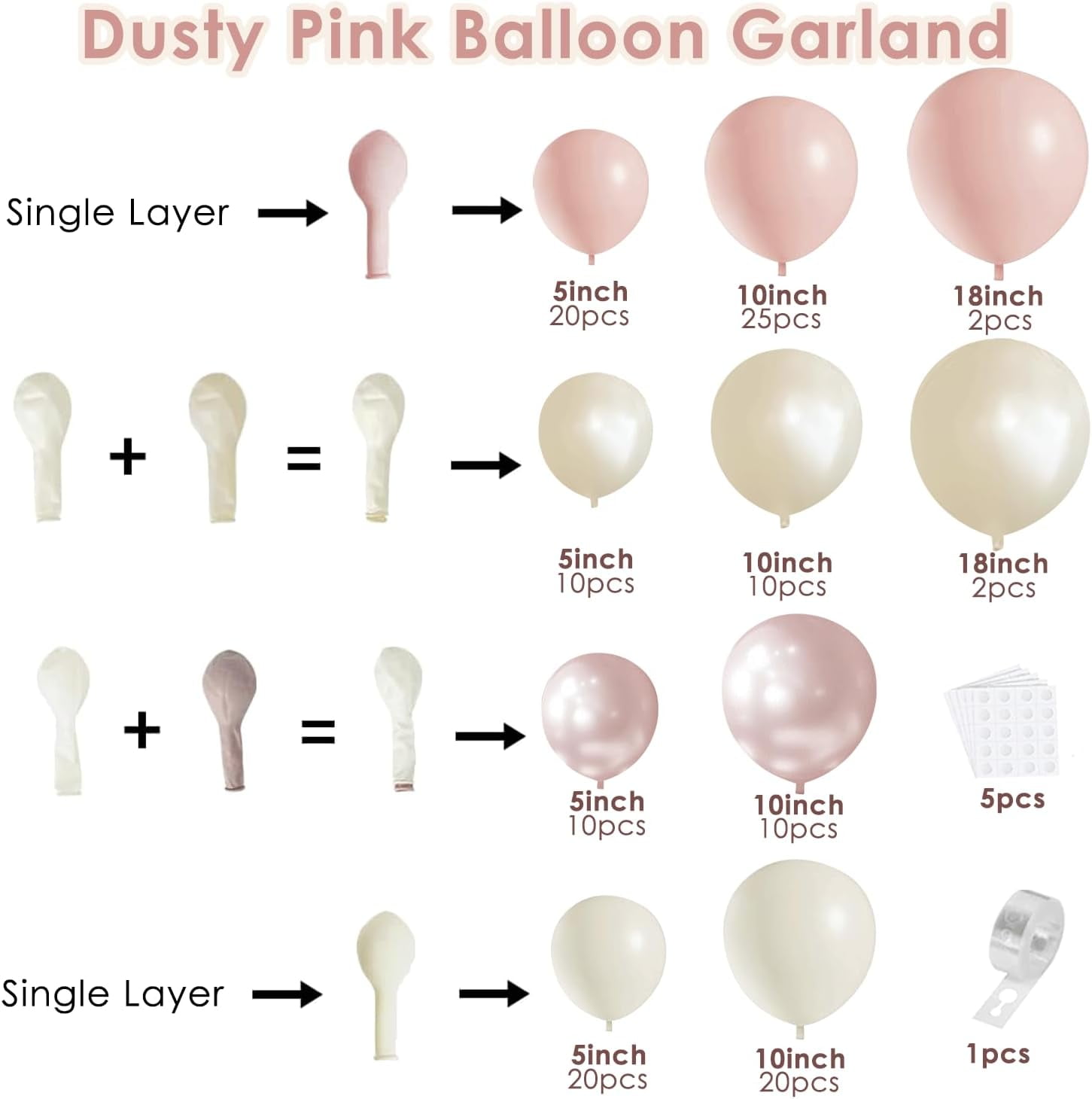 Dusty Pink Balloons Garland Arch Kit, Double Stuffed White Pearl Balloon Blush Neutral Pink Latex Balloons for Birthday Bridal Shower Party Decorations