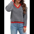 thumbnail image 3 of Suéter de Rayas de Larga para Mujer, Cuello en V, Bloque de Color, Punto Suave, Jersey de Moda y Negro XL, 3 of 10
