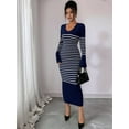 thumbnail image 4 of Women'S Striped V Neck Sweater Dress Long Sleeve Bodycon Midi Dresses Navy Blue S, 4 of 5