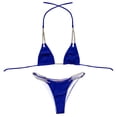 thumbnail image 5 of Wuxian Women 2 Piece Bikini Set Swimwear Summer Solid Color Chain Halter Backless Deep V-Neck Spaghetti Strap Push-Up Padded Bra Low Waist Swimsuit Fashionable Beachwear,Blue,M, 5 of 6