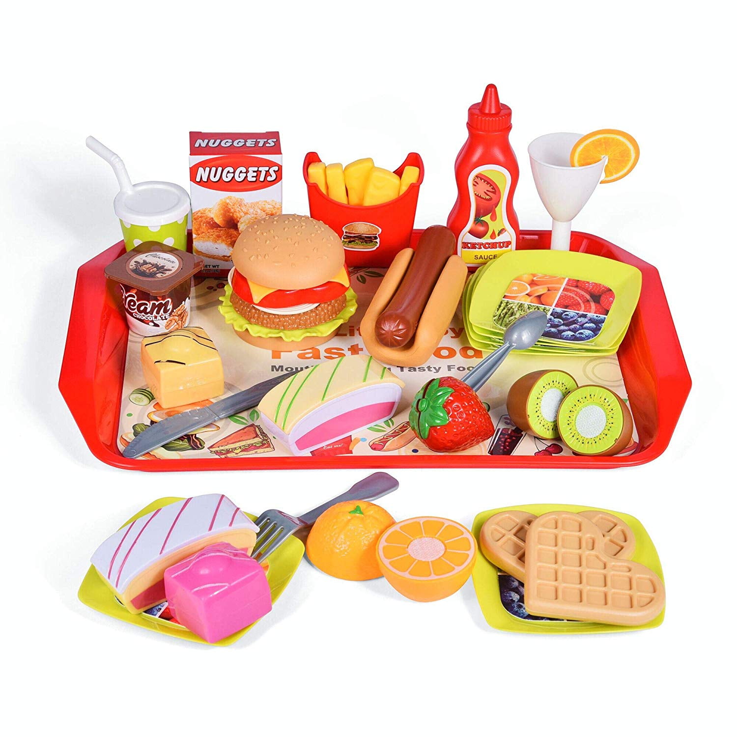 4 Food Box Kids 20 pcs Wooden Bread Fruit Milk Pretend Role Play Kitchen Toy 