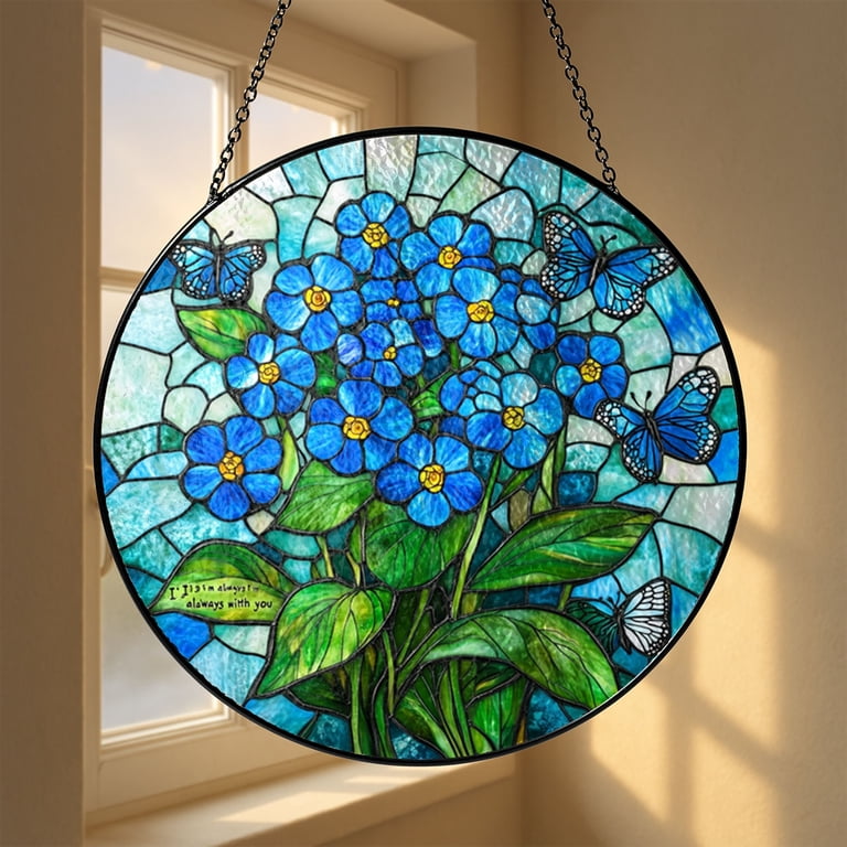 Forget Me Not Floral Stained Glass Suncatcher Round Hanging Window