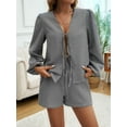 thumbnail image 6 of Women'S 2 Piece Outfits Set Long Sleeve Tie Front Top Short Set Casual Tracksuit Pajama Sets Black S, 6 of 8
