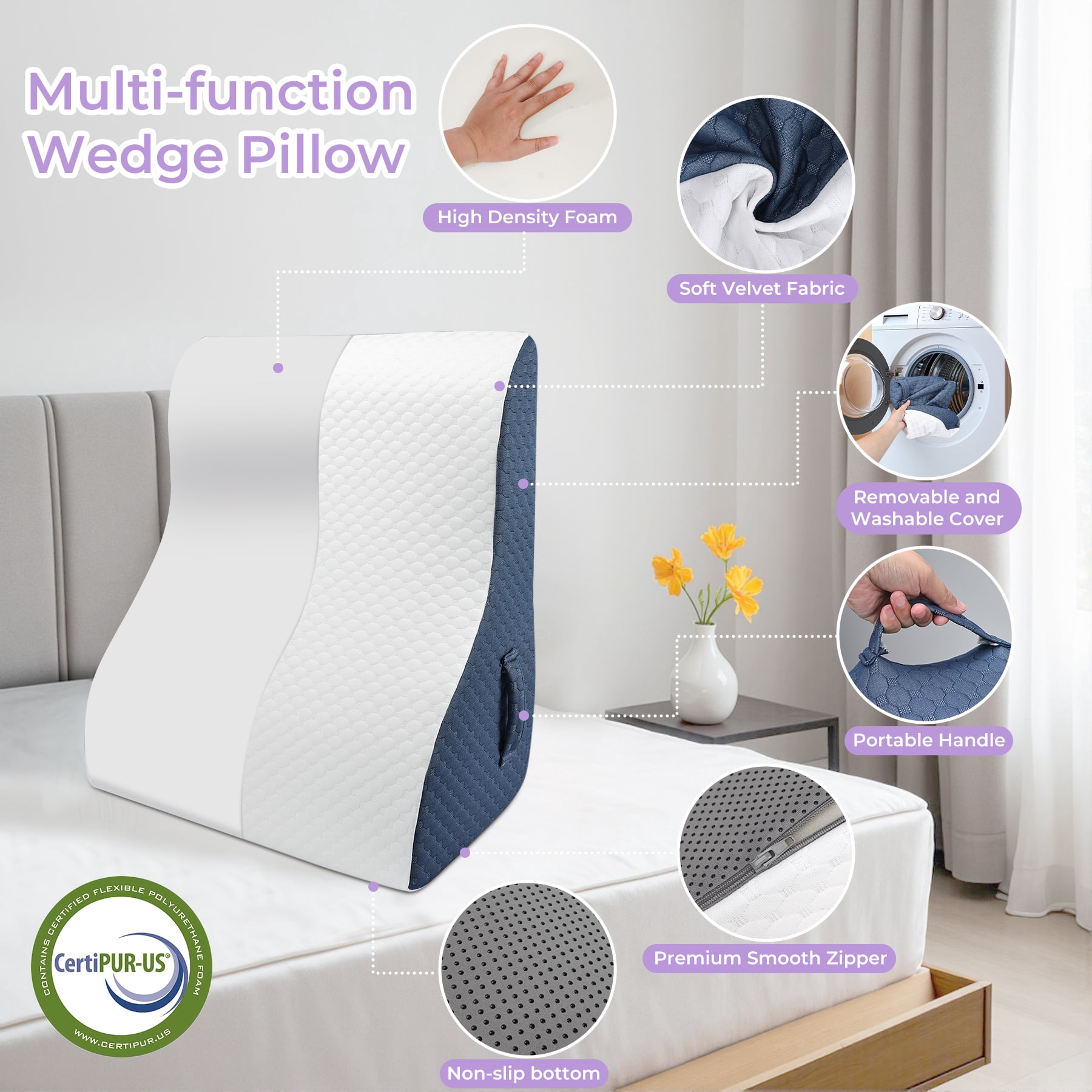 Orthopedic Bed Wedge Pillows, Soft Foam Triangle Pillow 12&24 Inches Height for Acid Reflux Relief, After Surgery, Ergonomic Incline Reading Pillow for Sleeping, Back Leg Pain Relief