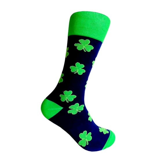 St. Patrick's Day Shamrock Clover Pattern Novelty Mid-calf Dress Casual Socks for Men in Navy with Irish Green Color