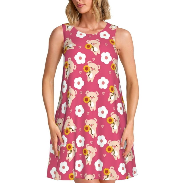 Xecao Robes d'Été Tournesol Cochon pour Femmes Robes Décontractées de Plage Robes de Plage Sans Manches Robe Évasée avec Poches